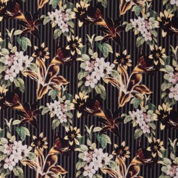 Baumwollsatin Martha Blumen , Streifen auf schwarz
