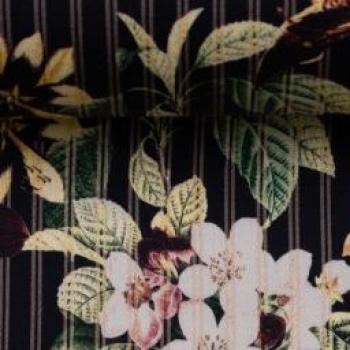 Baumwollsatin Martha Blumen , Streifen auf schwarz