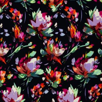 Viskosewebware Malis bunte Blumen auf schwarz