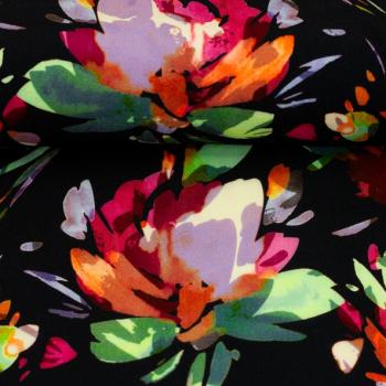 Viskosewebware Malis bunte Blumen auf schwarz