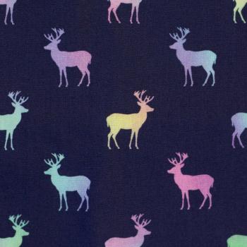 Baumwollstoff JOYFUL CHRISTMAS Rentiere Regenbogen auf blau
