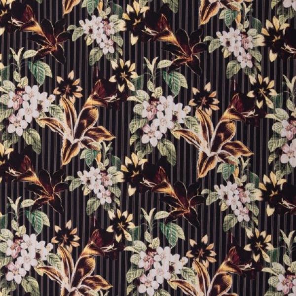 Baumwollsatin Martha Blumen , Streifen auf schwarz