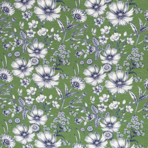 MERLE – SWAFING Öko-Tex Viskose-Slubjersey Blumen auf grün RESTSTÜCK 2 m