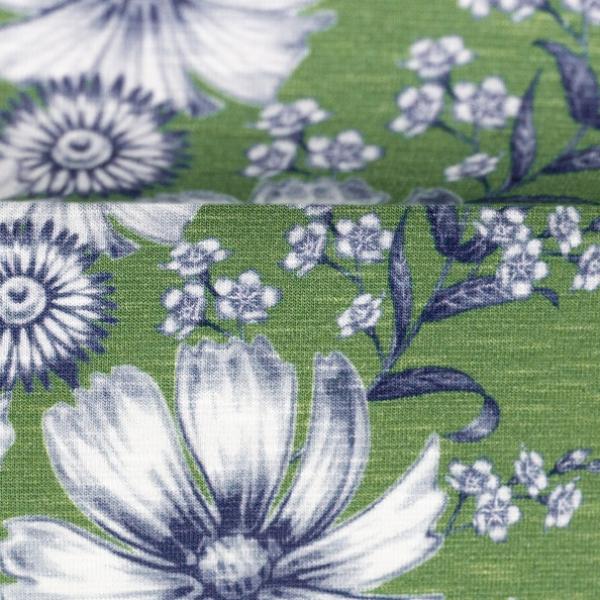 MERLE – SWAFING Öko-Tex Viskose-Slubjersey Blumen auf grün RESTSTÜCK 2 m