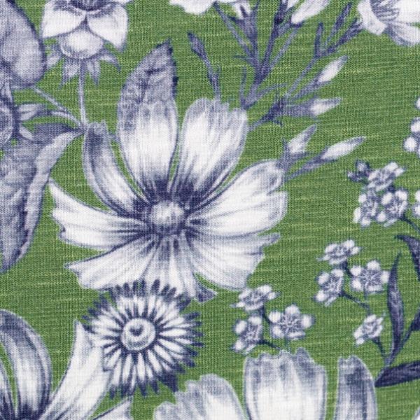 MERLE – SWAFING Öko-Tex Viskose-Slubjersey Blumen auf grün RESTSTÜCK 2 m