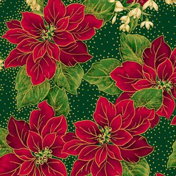 Lavish Poinsettias by Quilting Treasures, Patchwork Baumwolle Weihnachtssterne  auf grün