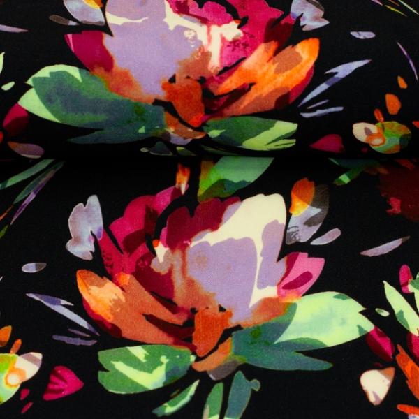 Viskosewebware Malis bunte Blumen auf schwarz