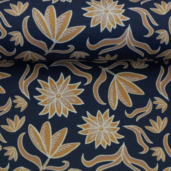 Dekostoff Swafing Retro Flowers by Emjo dunkelblau,Senf