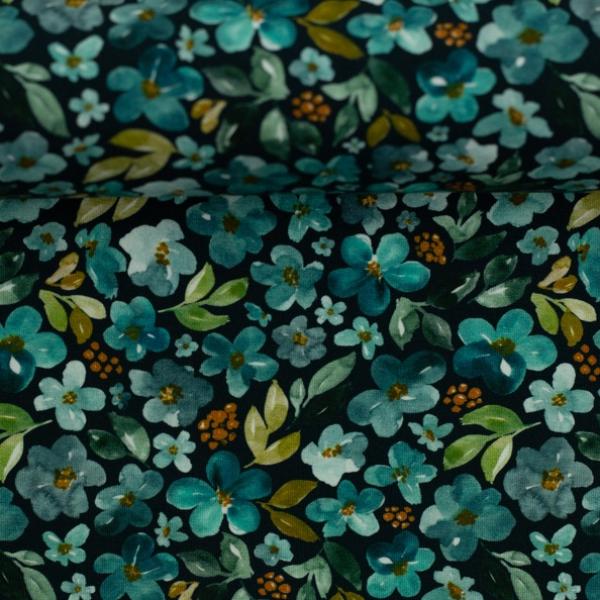 Baumwolljersey ELIAS Swafing, Blumen Petrol