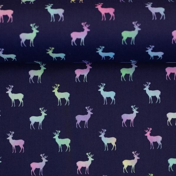 Baumwollstoff JOYFUL CHRISTMAS Rentiere Regenbogen auf blau