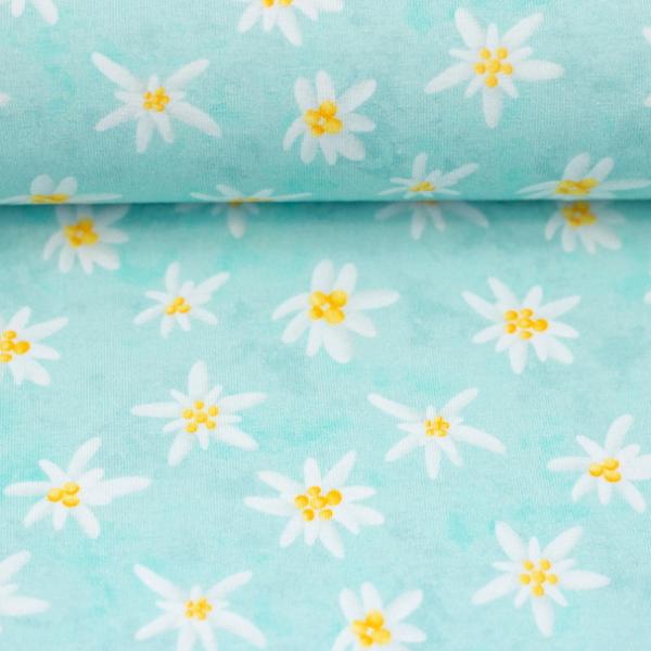 Baumwolljersey Swafing ALPENLIEBE by Mrs mint design - Edelweiß auf türkis
