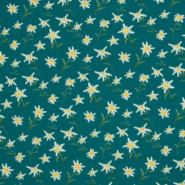 Baumwolljersey Swafing ALPENLIEBE by Mrs mint design - Edelweiss auf petrol