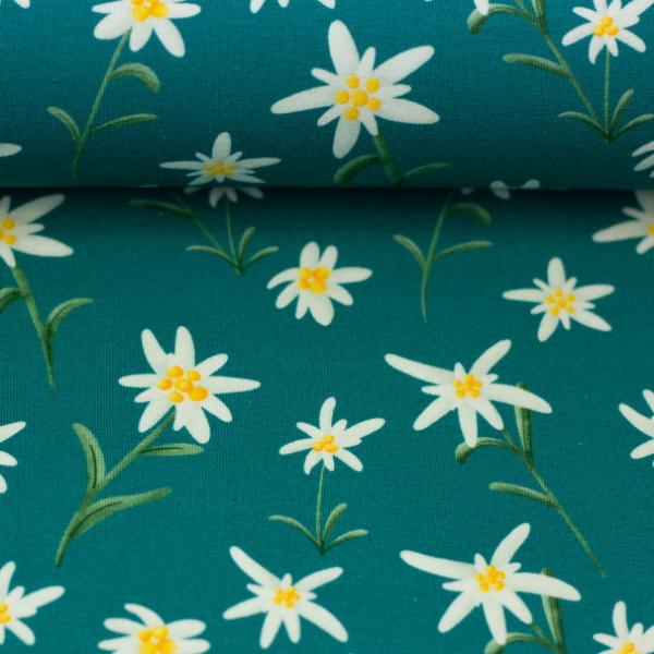 Baumwolljersey Swafing ALPENLIEBE by Mrs mint design - Edelweiss auf petrol
