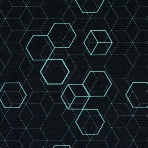 Baumwollstoff Hitech Hexagons mint auf schwarz