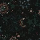 Robert Kaufman - Vanessa Lilrose & Linda Fitch - Wishwell - Moonlight - Emerald - Sonne, Mond, Kometen, Sterne mit Glitzer - Patchworkstoff - Kopie